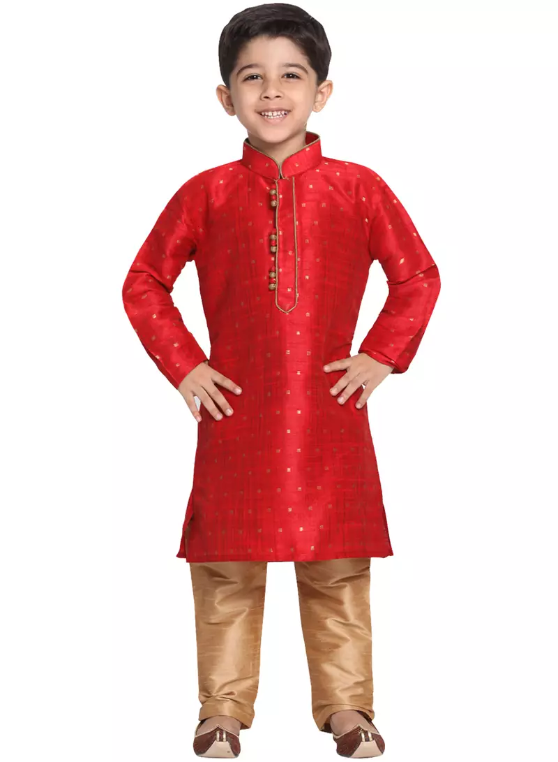 Maroon Printed Cotton Silk Boys-Kurta-Pyjama