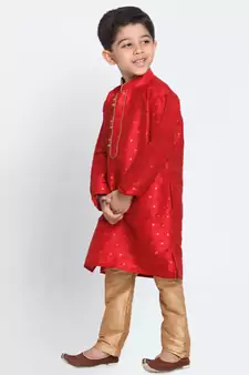  Maroon And Rose Gold Silk Blend Kurta Pyjama Set