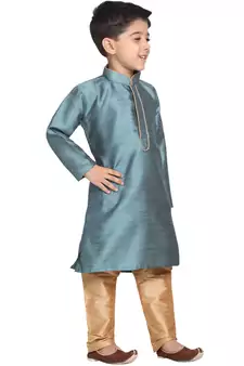  Azure And Rose Gold Silk Blend Kurta Pyjama Set