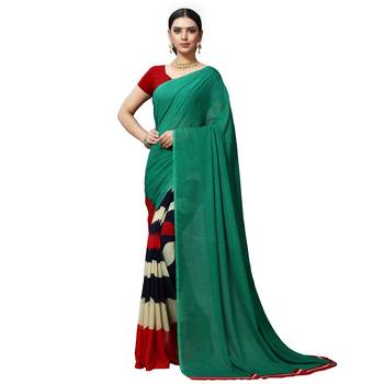 Green printed georgette saree with blouse 1