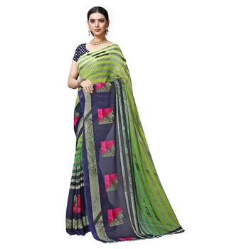 Parrot green printed georgette saree with blouse 1