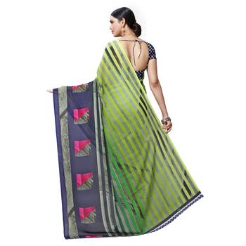 Parrot green printed georgette saree with blouse 3