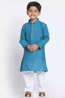 Blue Printed Cotton Boys-Kurta-Pyjama