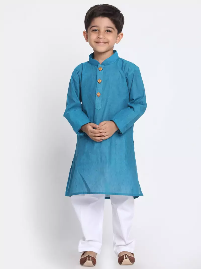 Blue Printed Cotton Boys-Kurta-Pyjama