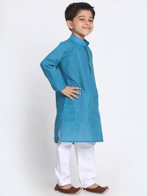 Blue Printed Cotton Boys-Kurta-Pyjama 2
