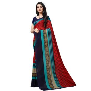 Red printed georgette saree with blouse 1