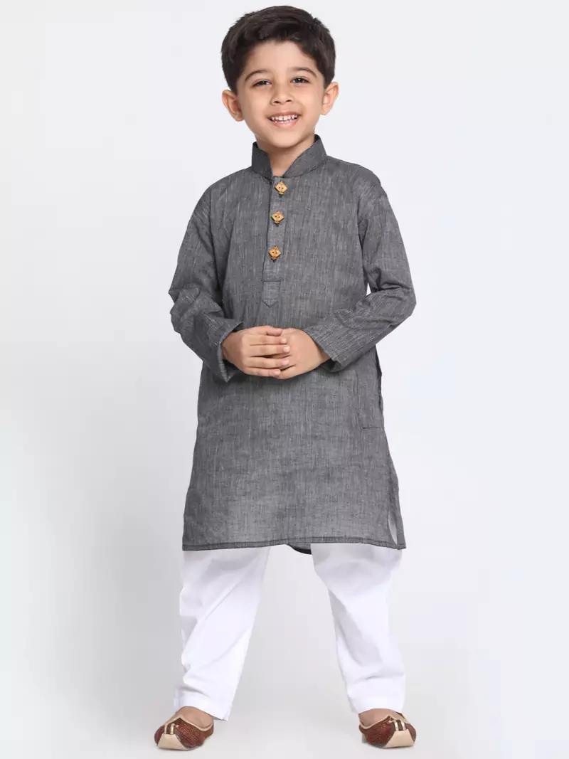 Black Printed Cotton Boys-Kurta-Pyjama