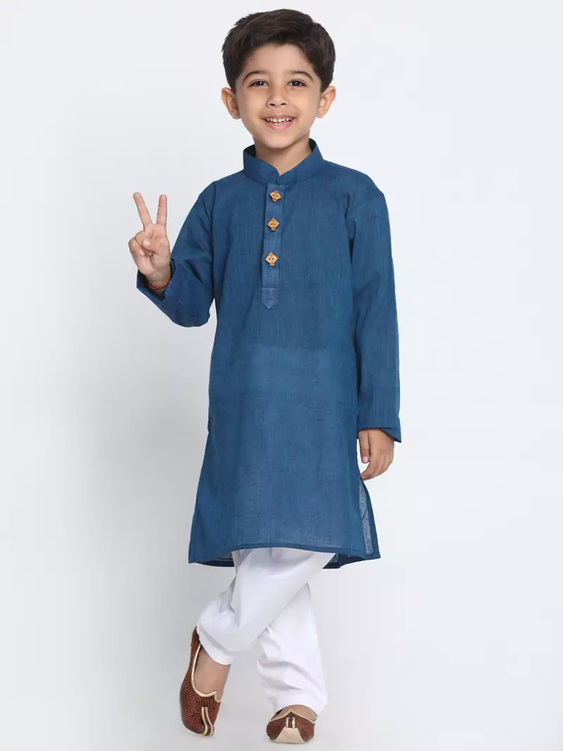 Blue Printed Cotton Boys-Kurta-Pyjama