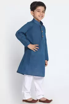  Midnight Blue And White Pure Cotton Kurta Pyjama Set