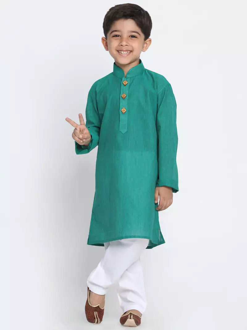 Green Printed Cotton Boys-Kurta-Pyjama