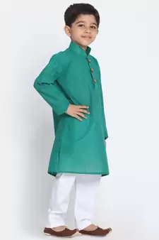  Teal Green And White Pure Cotton Kurta Pyjama Set