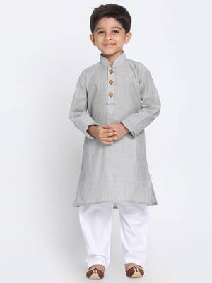  Ash Grey And White Pure Cotton Kurta Pyjama Set 1