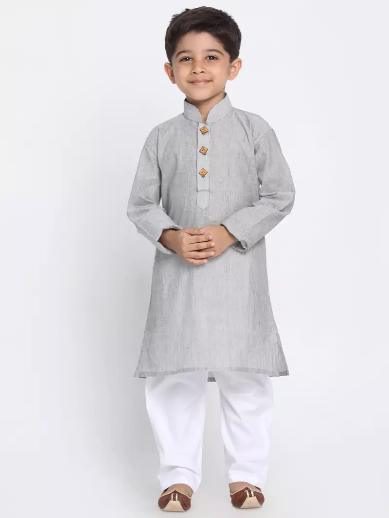 Grey Printed Cotton Boys-Kurta-Pyjama