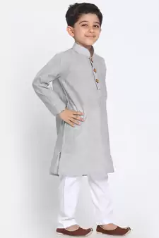  Ash Grey And White Pure Cotton Kurta Pyjama Set