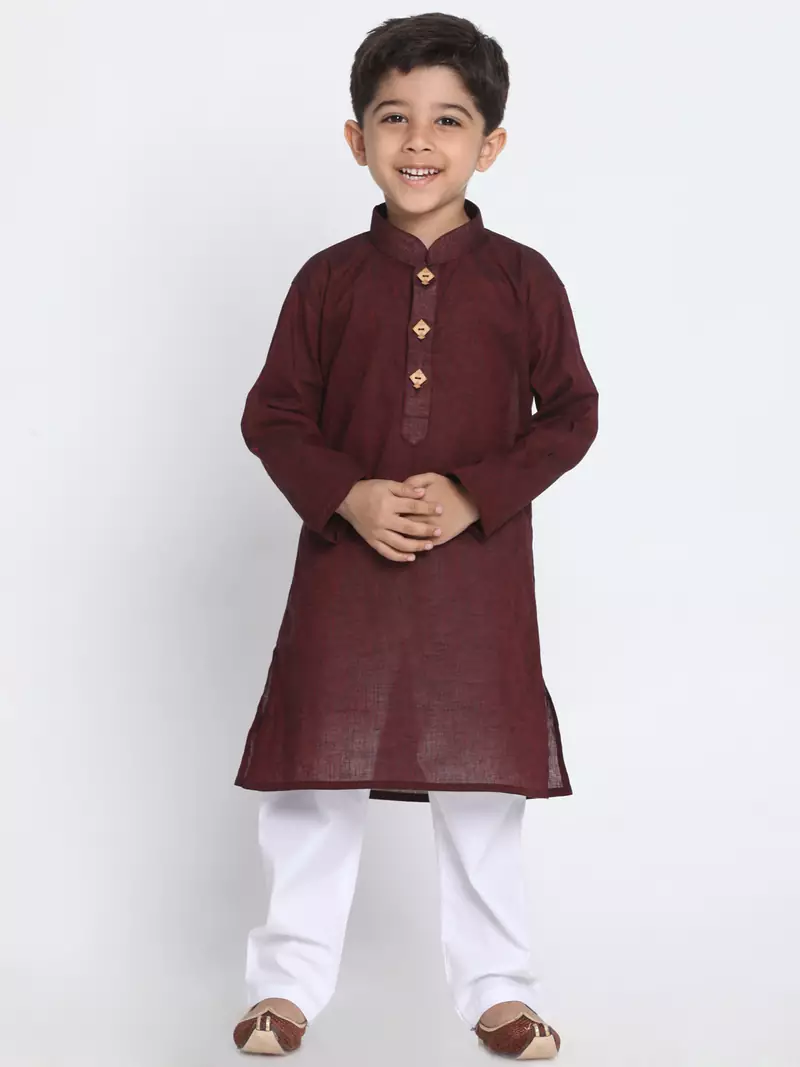 Maroon Printed Cotton Boys-Kurta-Pyjama