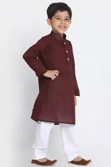  Garnet Maroon And White Pure Cotton Kurta Pyjama Set