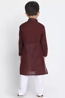  Garnet Maroon And White Pure Cotton Kurta Pyjama Set