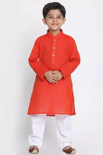 Red Printed Cotton Boys-Kurta-Pyjama