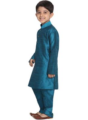  Turquoise Silk Blend Kurta Pyjama Set 2