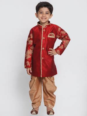  Maroon And Rose Gold Silk Blend Sherwani And Dhoti Set 1