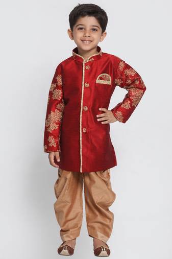 Boys Maroon And Rose Gold Silk Blend Sherwani And Dhoti Set