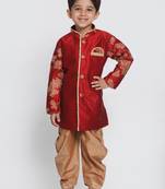  Maroon And Rose Gold Silk Blend Sherwani And Dhoti Set