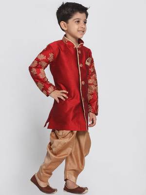  Maroon And Rose Gold Silk Blend Sherwani And Dhoti Set 2