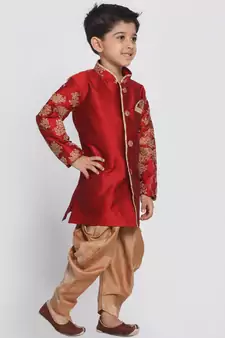  Maroon And Rose Gold Silk Blend Sherwani And Dhoti Set