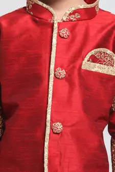  Maroon And Rose Gold Silk Blend Sherwani And Dhoti Set