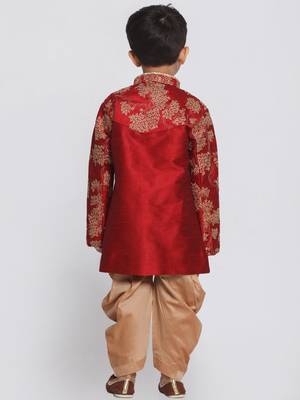  Maroon And Rose Gold Silk Blend Sherwani And Dhoti Set 4