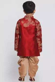  Maroon And Rose Gold Silk Blend Sherwani And Dhoti Set