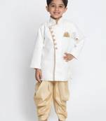 White Woven Blended Cotton Boys-Sherwani