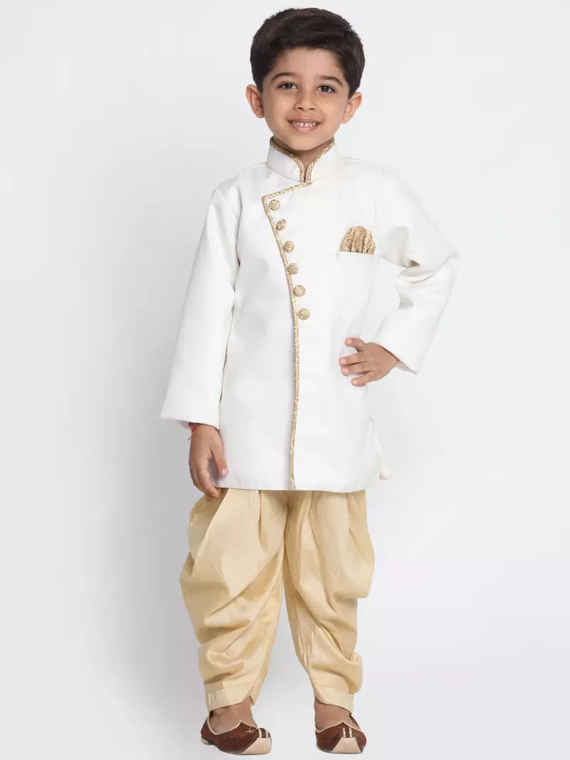 White Woven Blended Cotton Boys-Sherwani