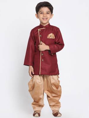 Boys Maroon And Rose Gold Cotton Blend Indowestern Sherwani And Dhoti Set 1
