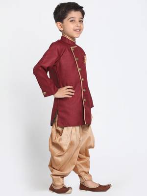 Boys Maroon And Rose Gold Cotton Blend Indowestern Sherwani And Dhoti Set 2