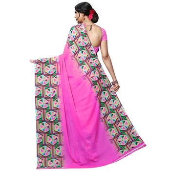 Pink printed georgette saree with blouse 3