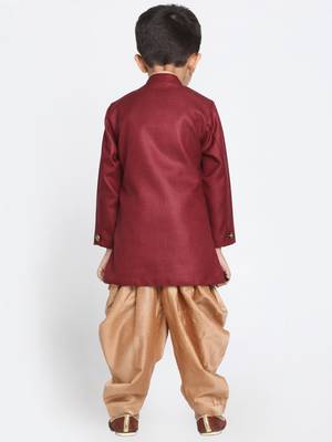 Boys Maroon And Rose Gold Cotton Blend Indowestern Sherwani And Dhoti Set 4