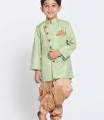  Mint Green And Rose Gold Cotton Blend Indowestern Sherwani And Dhoti Set