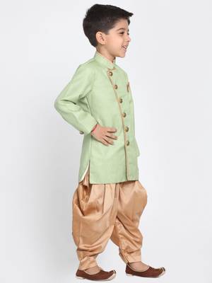  Mint Green And Rose Gold Cotton Blend Indowestern Sherwani And Dhoti Set 2
