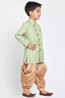  Mint Green And Rose Gold Cotton Blend Indowestern Sherwani And Dhoti Set