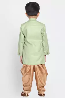  Mint Green And Rose Gold Cotton Blend Indowestern Sherwani And Dhoti Set