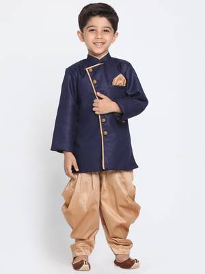  Navy Blue And Rose Gold Cotton Blend Indowestern Sherwani And Dhoti Set 1