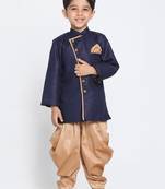  Navy Blue And Rose Gold Cotton Blend Indowestern Sherwani And Dhoti Set