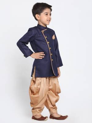  Navy Blue And Rose Gold Cotton Blend Indowestern Sherwani And Dhoti Set 2