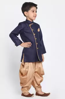  Navy Blue And Rose Gold Cotton Blend Indowestern Sherwani And Dhoti Set