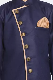 Navy Blue And Rose Gold Cotton Blend Indowestern Sherwani And Dhoti Set