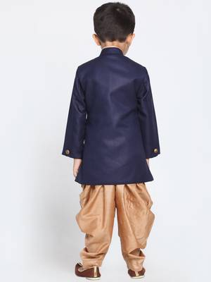  Navy Blue And Rose Gold Cotton Blend Indowestern Sherwani And Dhoti Set 4