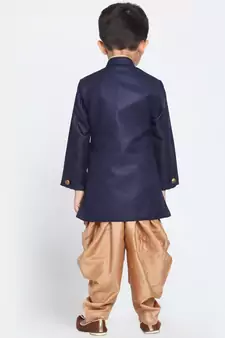 Navy Blue And Rose Gold Cotton Blend Indowestern Sherwani And Dhoti Set