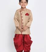  Biscuit And Maroon Cotton Blend Indowestern Sherwani And Dhoti Set