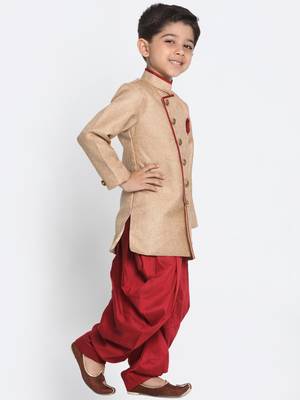  Biscuit And Maroon Cotton Blend Indowestern Sherwani And Dhoti Set 2